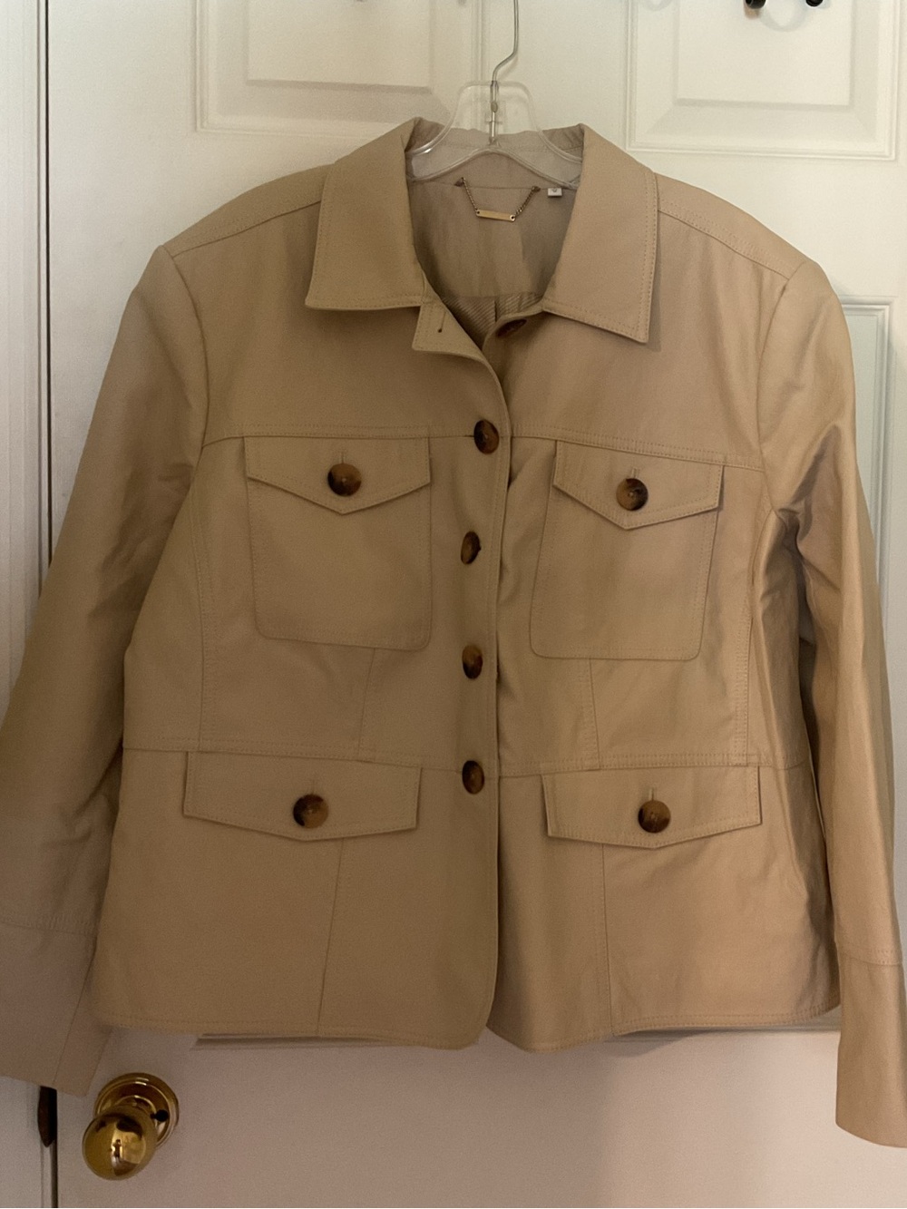 Chico's Neutral Beige Faux Leather Utility Jacket with Tortoiseshell Buttons